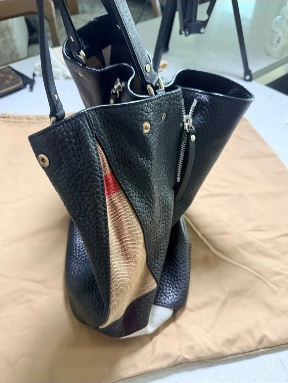 Burberry House Check Black Leather Large Shoulder Tote + Dust Bag